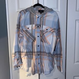 Never worn flannel, pink, blue, and gray, with hood.